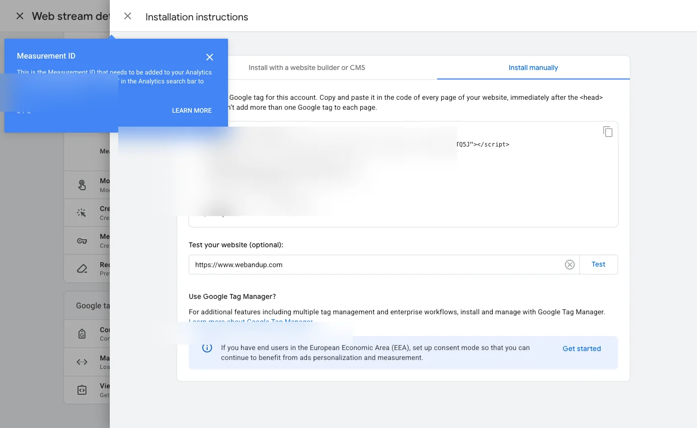 Fragmento de código JavaScript de Google Analytics (gtag.js) para instalación manual
