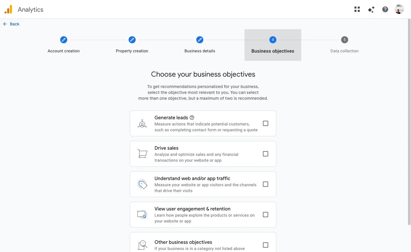 Pantalla de objetivos de negocio en Google Analytics