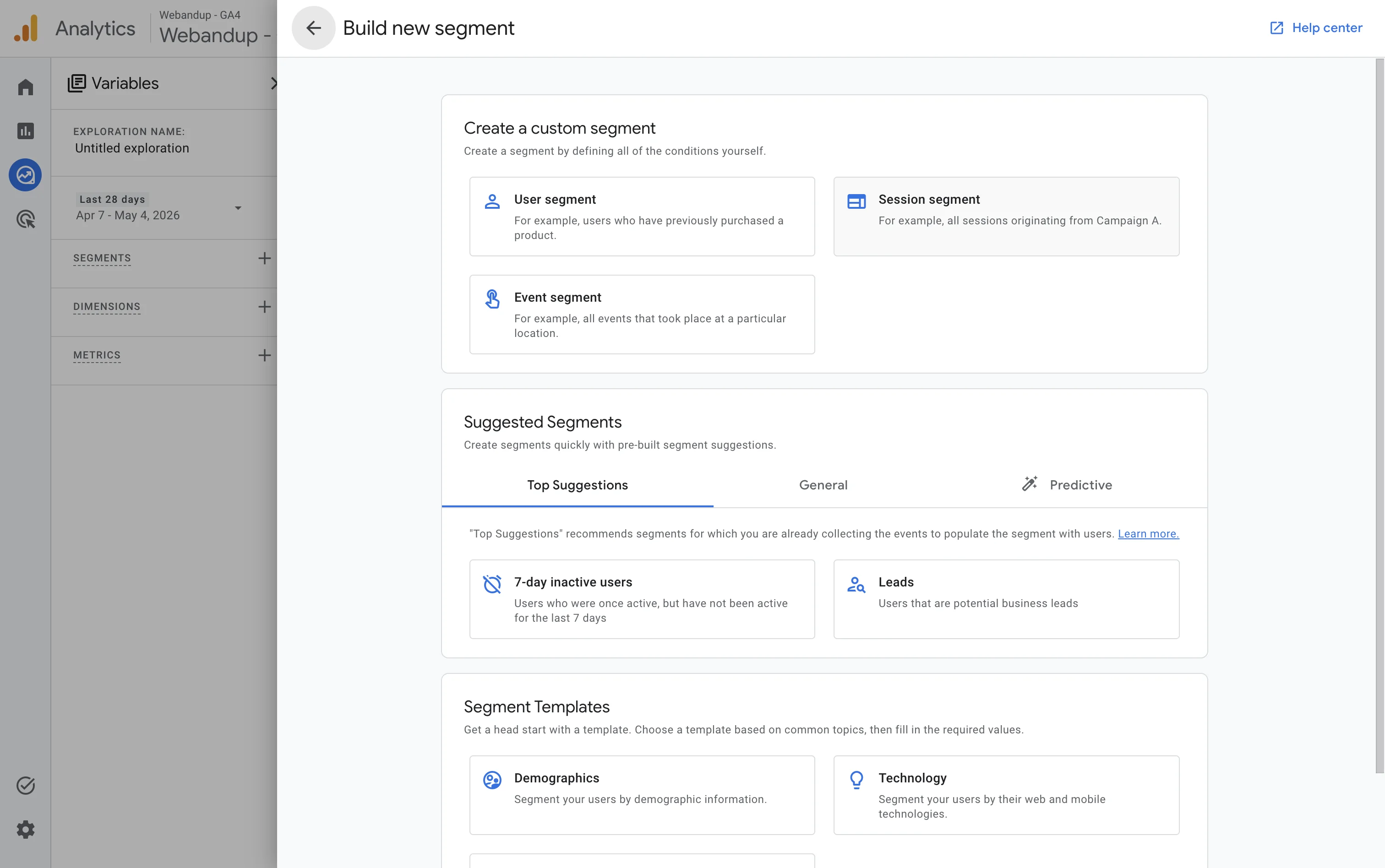 Pantalla de creación de segmento en GA4 mostrando las opciones: Segmento de usuario, Segmento de sesión, Segmento de evento