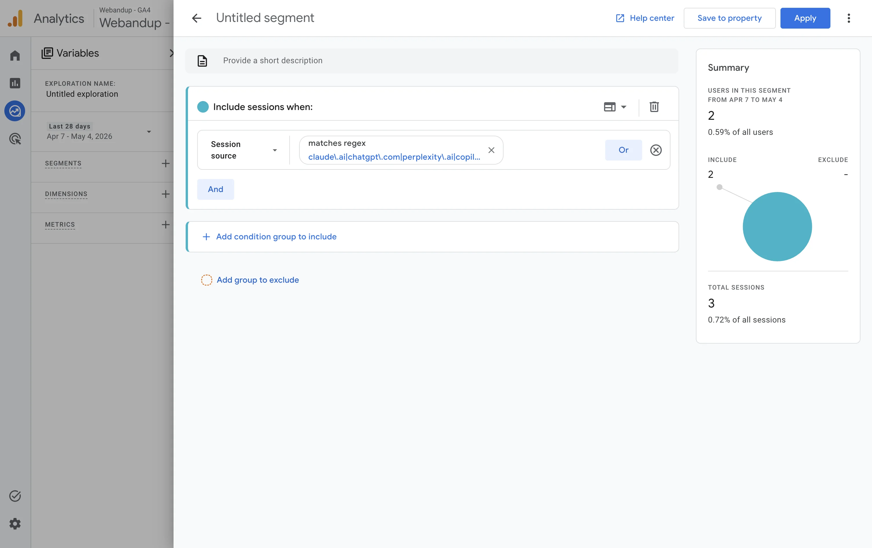 Segmento de sesión en GA4 con la condición 'Session source matches regex' y la expresión regular con las IAs configurada